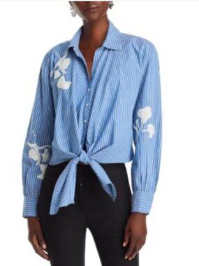 Cinq à Sept Blue Striped Marianna Top with White Beaded Floral Accents- Sz Small